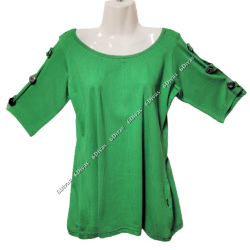 Cotton Top, Green Top, Long Sleeved Cotton Blouse- Size S